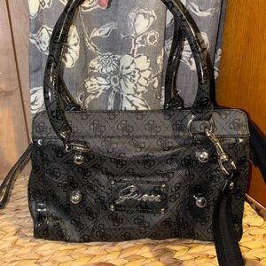 Vintage Guess Black Logo-Print Satchel with Glossy Trim